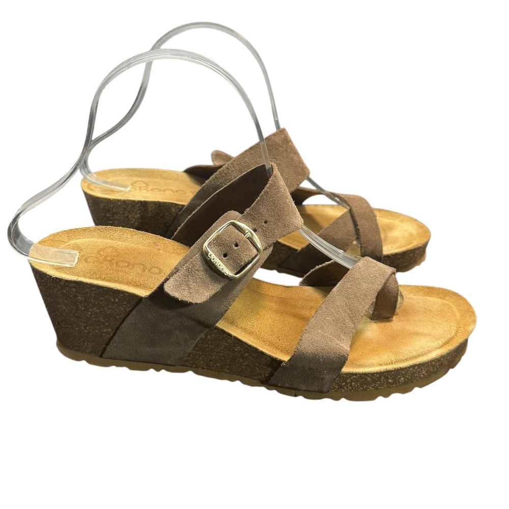 Yokono Spain Womens Taupe Suede Leather Wedge Sandals Toe Loop Buckle Slide Sz 9 - Picture 1 of 10